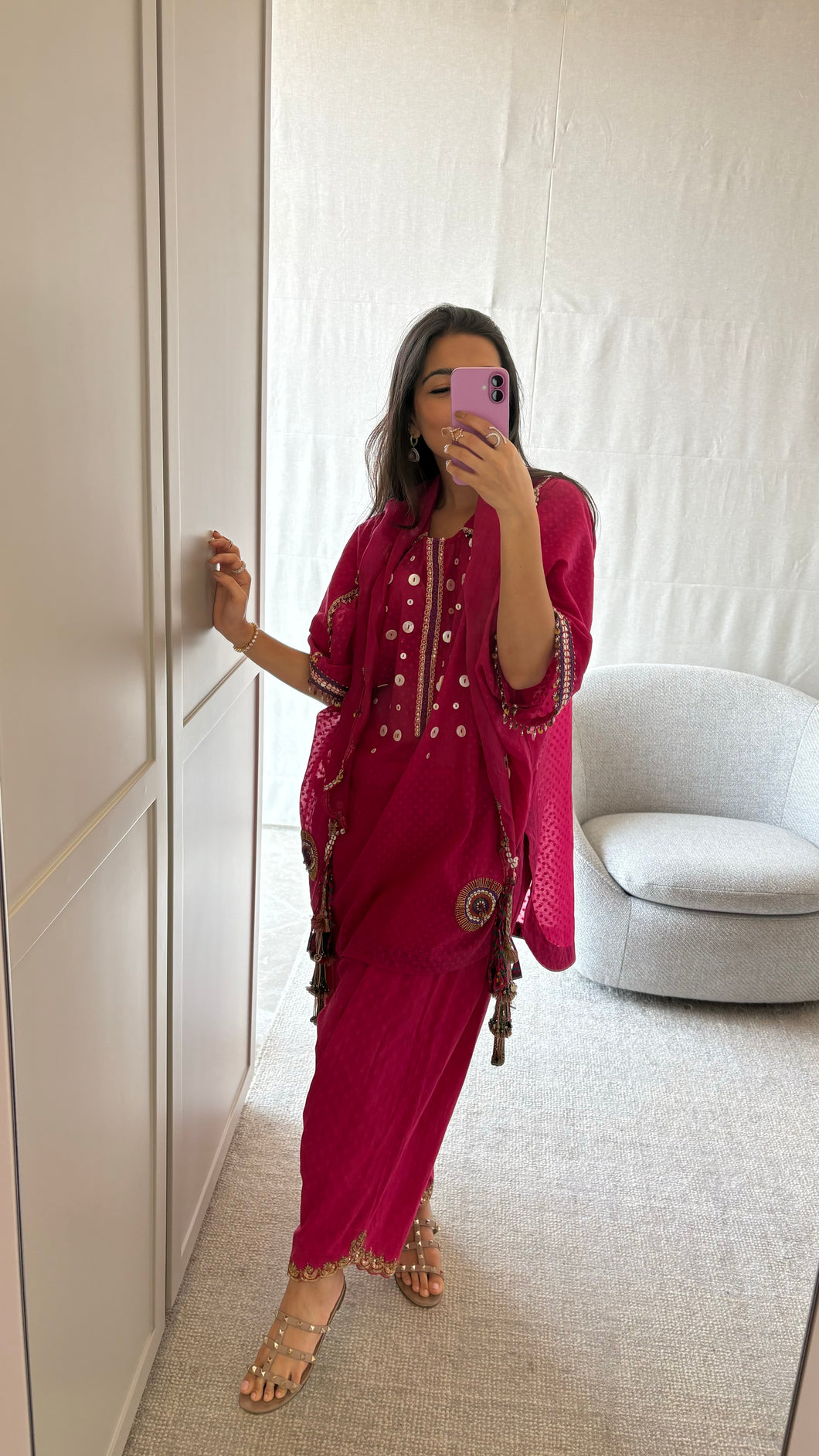 Pink Kaftan Kurta, Salwar & Scarf