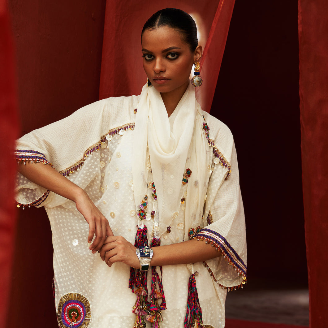 Ivory Short Kaftan Kurta, Salwar & Scarf