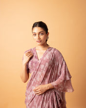 Load image into Gallery viewer, Rose pink (pre stitched) Printed Frill Sari + Embroidered Blouse
