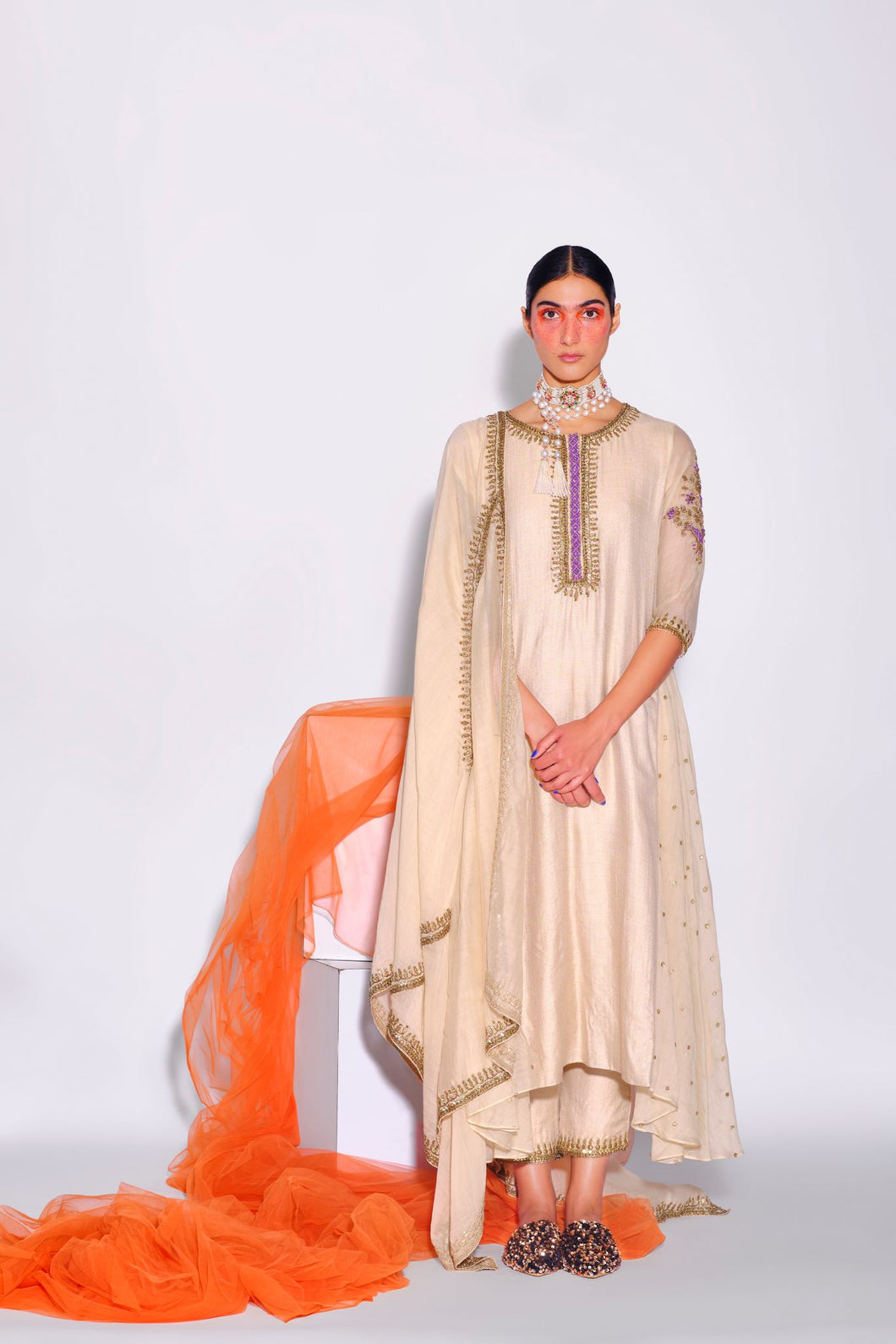 Beige Kurta + Pants + Dupatta